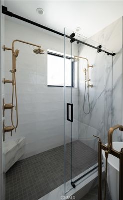 Bathroom, Glass Shower, Interior, Marble Walls, Recessed Lighting