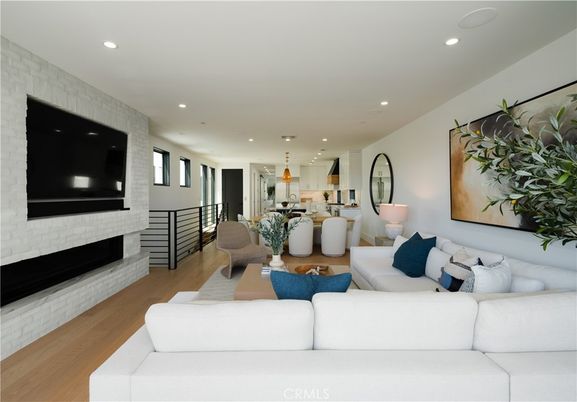 Dining room, Fireplace, Interior, Kitchen, Living room, Pendant Lights, Recessed Lighting, Wood Texture Flooring