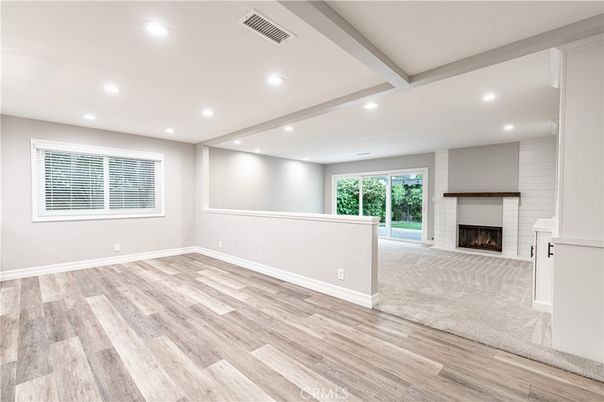 Empty room, Fireplace, Interior, Recessed Lighting, Wood Texture Flooring