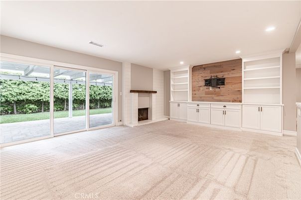 Empty room, Fireplace, Interior, Recessed Lighting, Wooden Walls