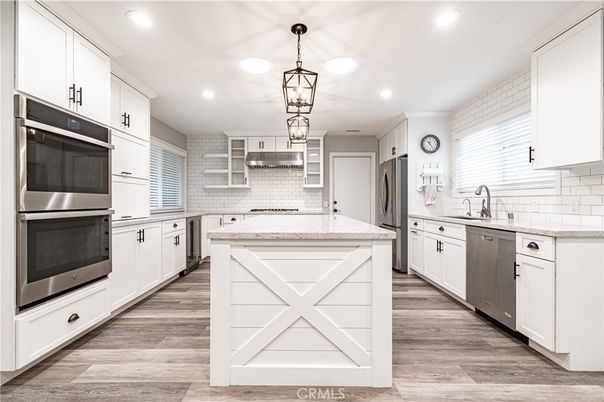 Interior, Kitchen, Pendant Lights, Recessed Lighting, Stainless Steel Appliances, Wood Texture Flooring