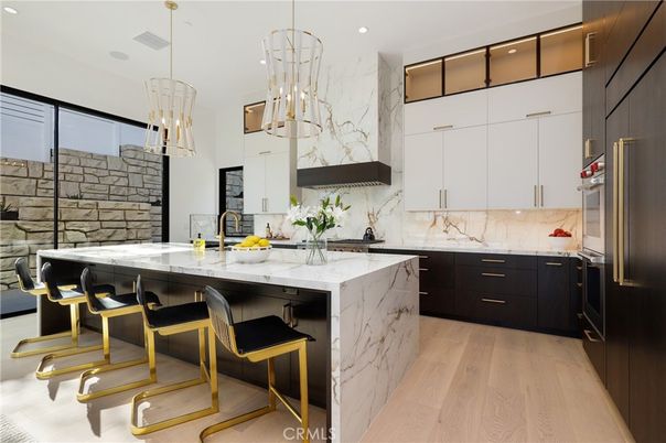 Interior, Kitchen, Marble Walls, Pendant Lights, Recessed Lighting, Wood Texture Flooring