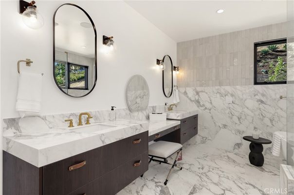 Bathroom, Dual Sink Vanities, Interior, Marble, Marble Walls, Recessed Lighting