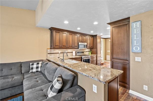 Interior, Kitchen, Living room, Recessed Lighting, Stainless Steel Appliances, Wood Texture Flooring