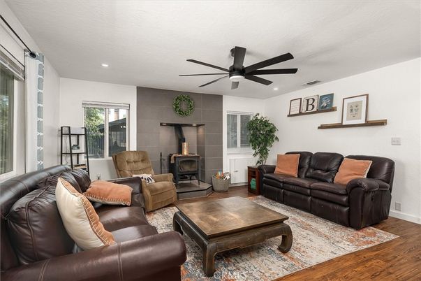 Fireplace, Interior, Living room, Recessed Lighting, Wood Texture Flooring