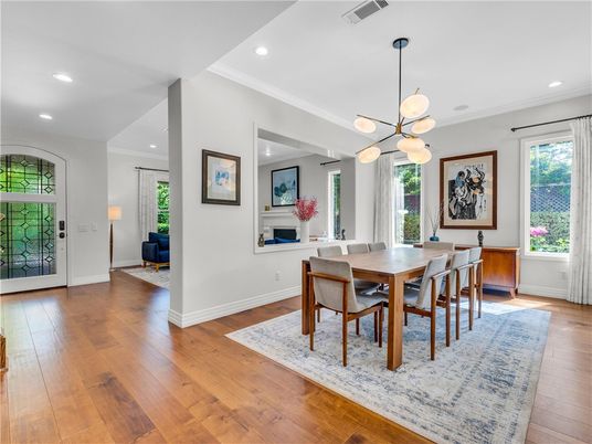 Dining room, Fireplace, Interior, Pendant Lights, Recessed Lighting, Wood Texture Flooring