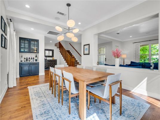 Dining room, Interior, Pendant Lights, Recessed Lighting, Wood Texture Flooring
