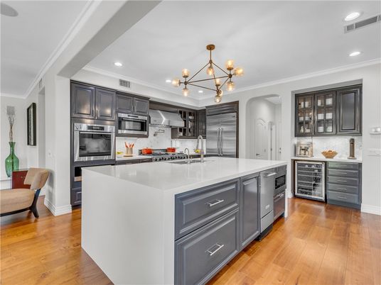 Interior, Kitchen, Pendant Lights, Recessed Lighting, Stainless Steel Appliances, Wood Texture Flooring