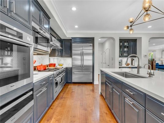 Interior, Kitchen, Pendant Lights, Recessed Lighting, Stainless Steel Appliances, Wood Texture Flooring