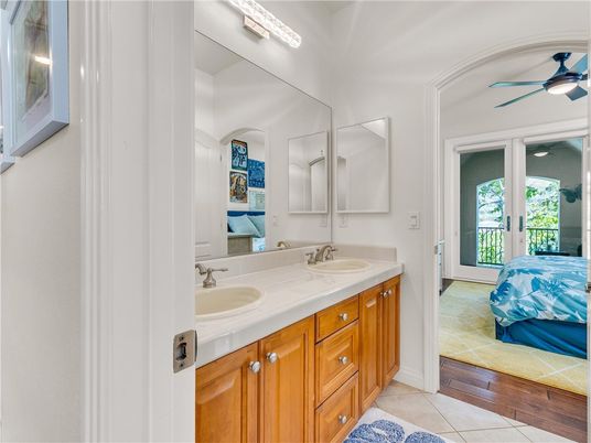 Bathroom, Dual Sink Vanities, Interior, Tile Countertops, Wood Texture Flooring