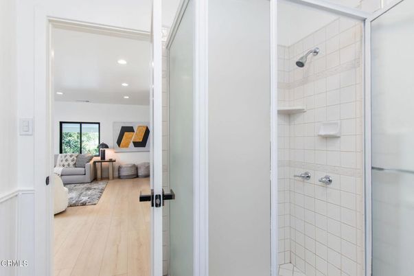 Bathroom, Glass Shower, Interior, Recessed Lighting, Wood Texture Flooring