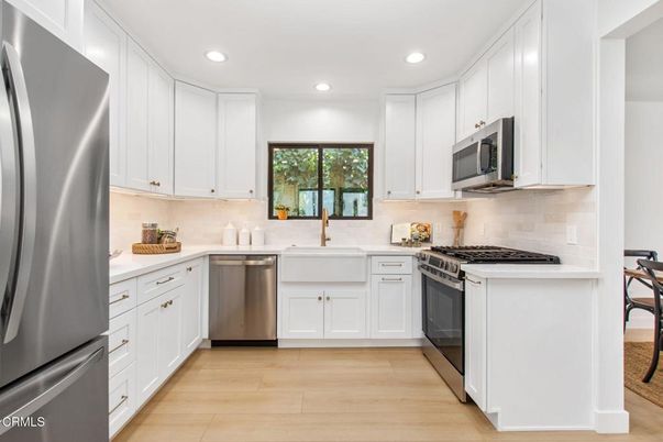 Interior, Kitchen, Recessed Lighting, Stainless Steel Appliances, Wood Texture Flooring