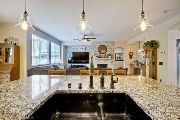 Fireplace, Interior, Kitchen, Living room, Pendant Lights, Stone Walls