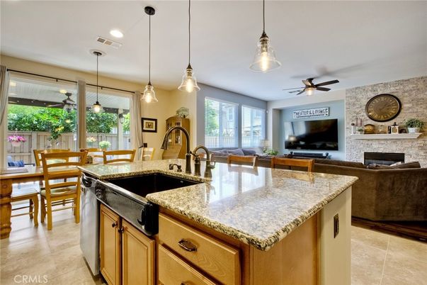 Dining room, Fireplace, Interior, Kitchen, Pendant Lights, Recessed Lighting, Stone Walls