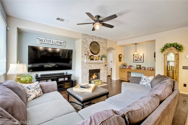Fireplace, Interior, Living room, Pendant Lights, Stone Walls, Wood Texture Flooring