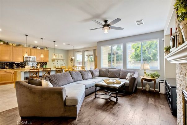 Fireplace, Interior, Kitchen, Living room, Pendant Lights, Recessed Lighting, Stone Walls, Wood Texture Flooring