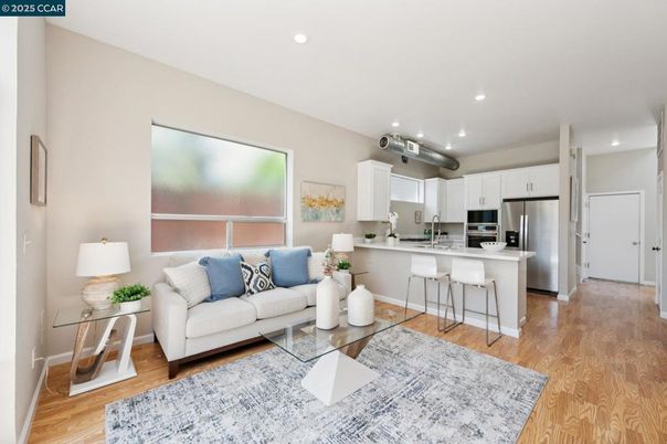 Interior, Kitchen, Living room, Recessed Lighting, Stainless Steel Appliances, Wood Texture Flooring