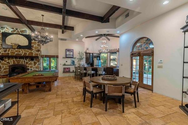 Billiard Table, Chandelier, Dining room, Fireplace, Game Room, Interior, Pendant Lights, Recessed Lighting, Wooden Beams