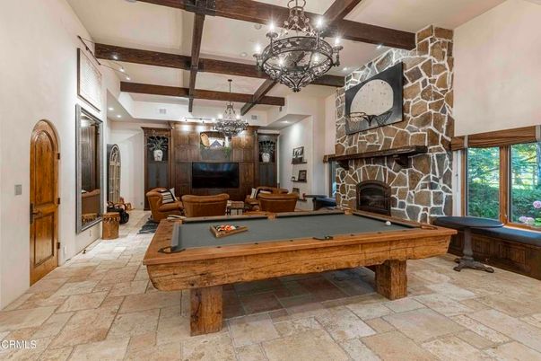 Billiard Table, Chandelier, Fireplace, Game Room, Interior, Recessed Lighting, Wooden Beams
