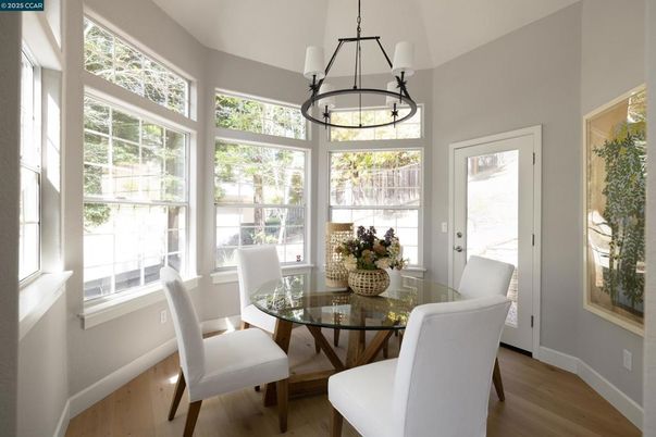 Dining room, Interior, Pendant Lights, Wood Texture Flooring