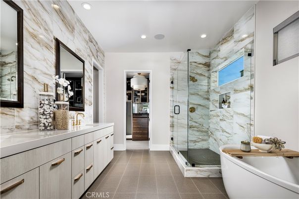 Bathroom, Free Standing Baths, Glass Shower, Interior, Marble Walls, Recessed Lighting