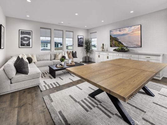 Dining room, Interior, Living room, Recessed Lighting, Wood Texture Flooring