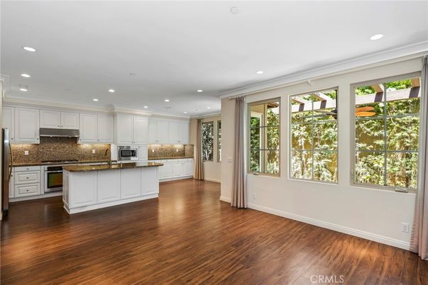 Empty room, Interior, Kitchen, Recessed Lighting, Wood Texture Flooring