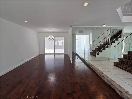 Chandelier, Empty room, Interior, Recessed Lighting, Wood Texture Flooring