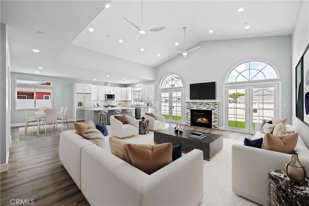Dining room, Fireplace, Interior, Kitchen, Living room, Pendant Lights, Recessed Lighting, Stainless Steel Appliances, Wood Texture Flooring