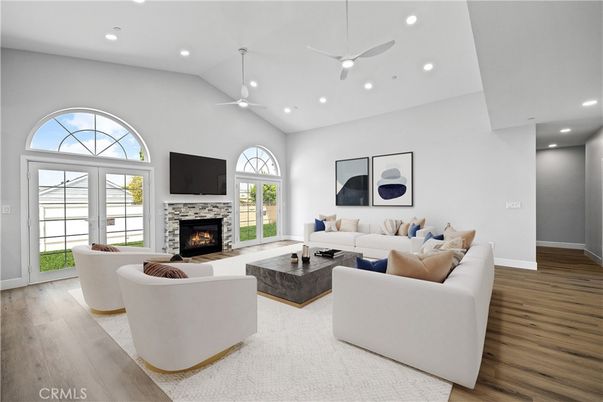 Fireplace, Interior, Living room, Recessed Lighting, Wood Texture Flooring