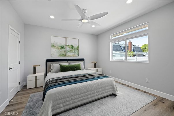 Bedroom, Interior, Recessed Lighting, Wood Texture Flooring