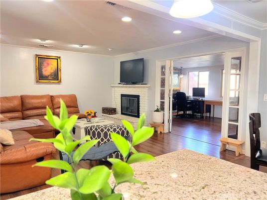 Fireplace, Home Office, Interior, Living room, Recessed Lighting, Wood Texture Flooring
