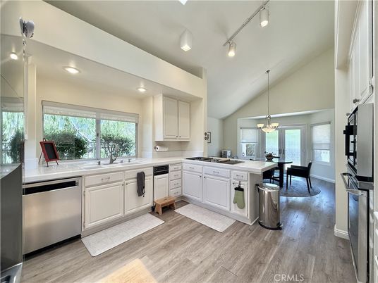 Dining room, Interior, Kitchen, Pendant Lights, Recessed Lighting, Wood Texture Flooring