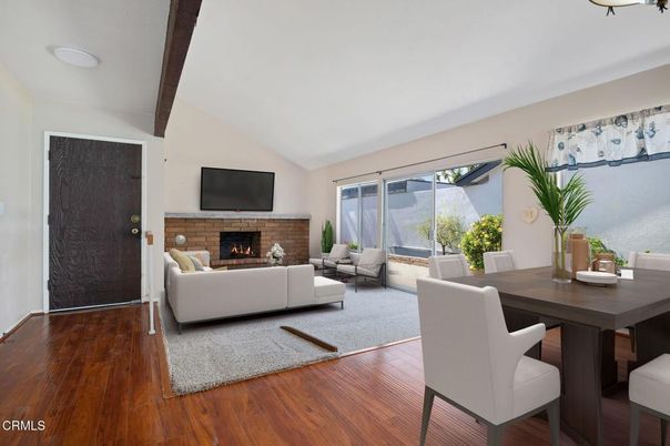 Dining room, Fireplace, Interior, Living room, Wood Texture Flooring