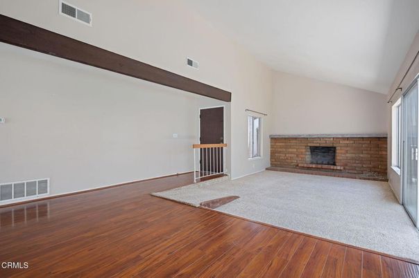 Empty room, Fireplace, Interior, Stone Walls, Wooden Beams, Wood Texture Flooring