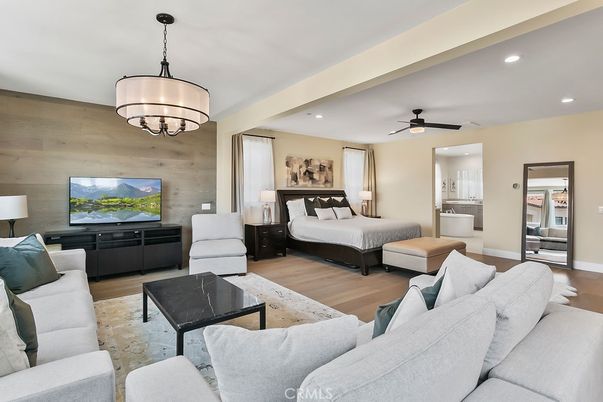 Bedroom, Chandelier, Interior, Living room, Recessed Lighting, Wood Texture Flooring, Wooden Walls