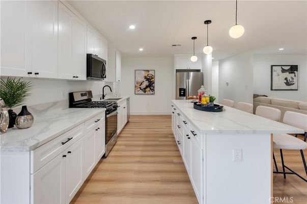 Interior, Kitchen, Pendant Lights, Recessed Lighting, Stainless Steel Appliances, Wood Texture Flooring