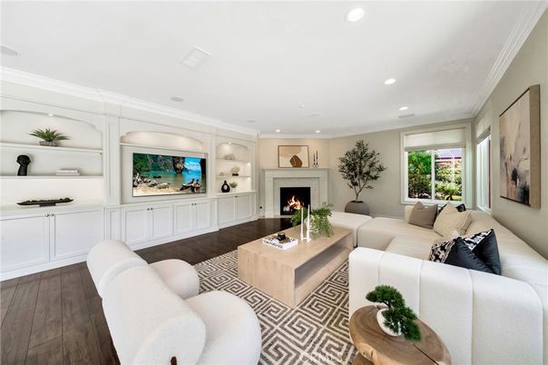 Fireplace, Interior, Living room, Recessed Lighting, Wood Texture Flooring