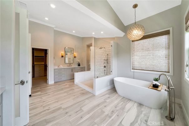 Bathroom, Free Standing Baths, Glass Shower, Interior, Marble, Pendant Lights, Recessed Lighting, Wood Texture Flooring