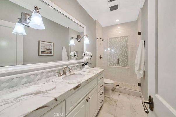Bathroom, Glass Shower, Interior, Marble, Recessed Lighting
