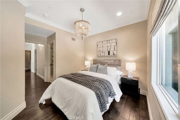 Bedroom, Chandelier, Interior, Recessed Lighting, Wood Texture Flooring