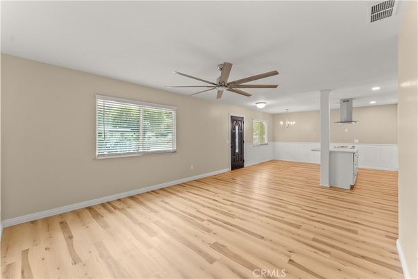 Empty room, Interior, Pendant Lights, Recessed Lighting, Wood Texture Flooring