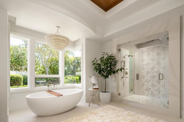 Bathroom, Chandelier, Free Standing Baths, Glass Shower, Interior, Marble Walls