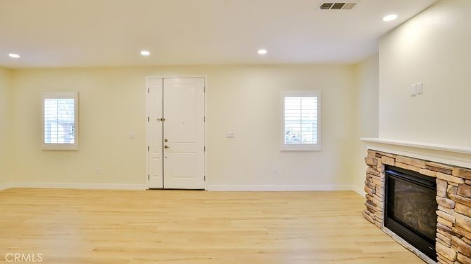 Empty room, Fireplace, Interior, Recessed Lighting, Wood Texture Flooring