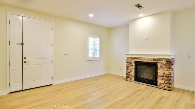 Empty room, Fireplace, Interior, Recessed Lighting, Wood Texture Flooring
