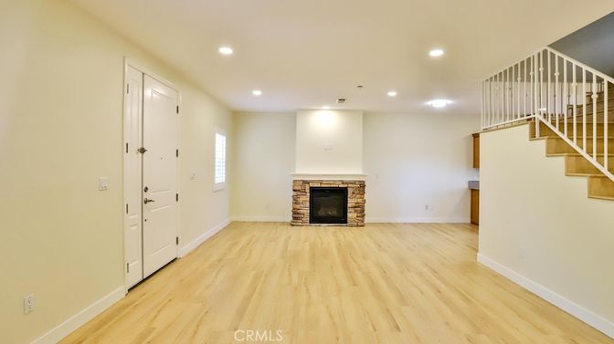 Empty room, Fireplace, Interior, Recessed Lighting, Wood Texture Flooring