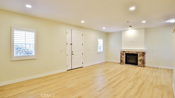 Empty room, Fireplace, Interior, Recessed Lighting, Wood Texture Flooring