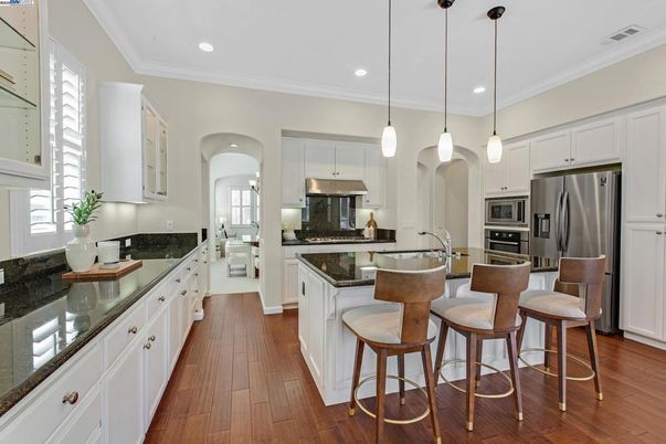 Interior, Kitchen, Pendant Lights, Recessed Lighting, Stainless Steel Appliances, Wood Texture Flooring