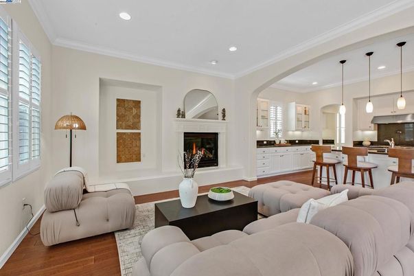 Dining room, Fireplace, Interior, Kitchen, Living room, Pendant Lights, Recessed Lighting, Wood Texture Flooring