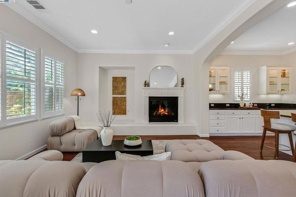 Fireplace, Interior, Living room, Recessed Lighting, Wood Texture Flooring